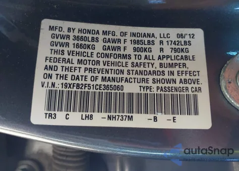 2012 Honda Civic Lx z USA, uszkodzony, nr VIN 19XFB2F51CE365060